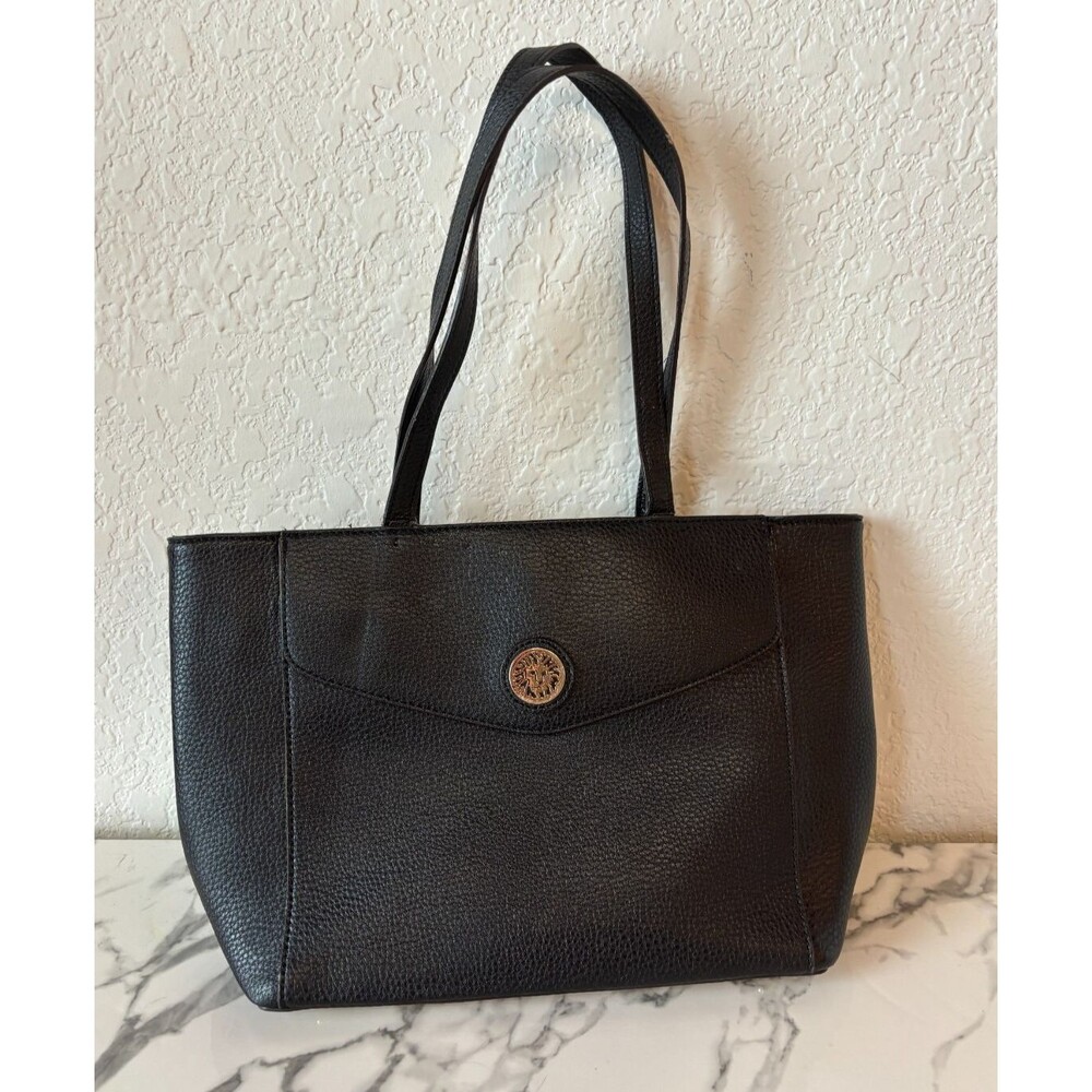 Anne Klein Black Pebble Faux Leather Medium Satchel Handbag. Polka Dot Lining